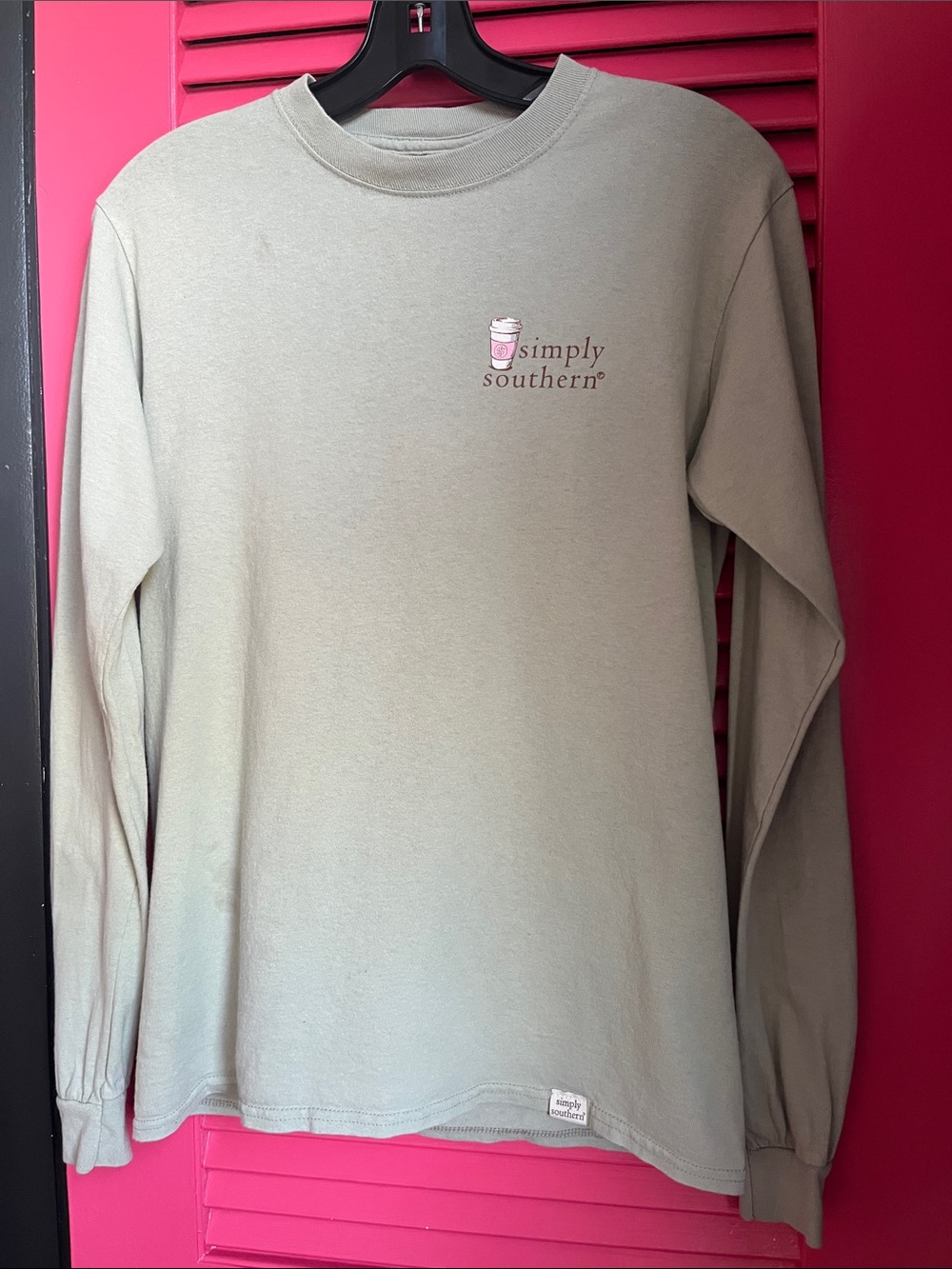 Simply Southern Sage Long Sleeve Tee with Pink & Leopard Coffee Graphic - Picture 11 of 15